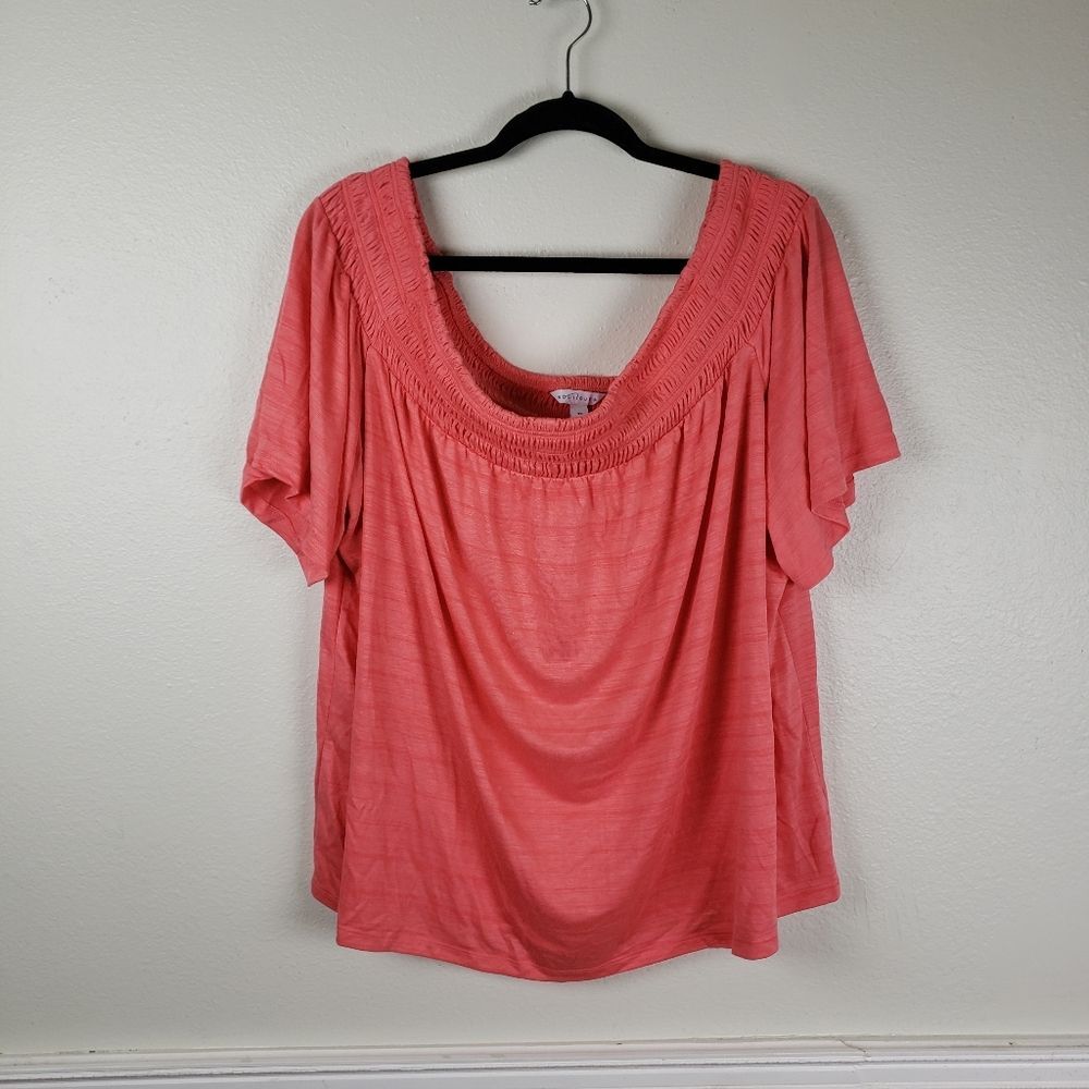 Women's Plus Size Boutique Pink Salmon Smocked Off The Shoulder Shirt Sz 3X/XXL